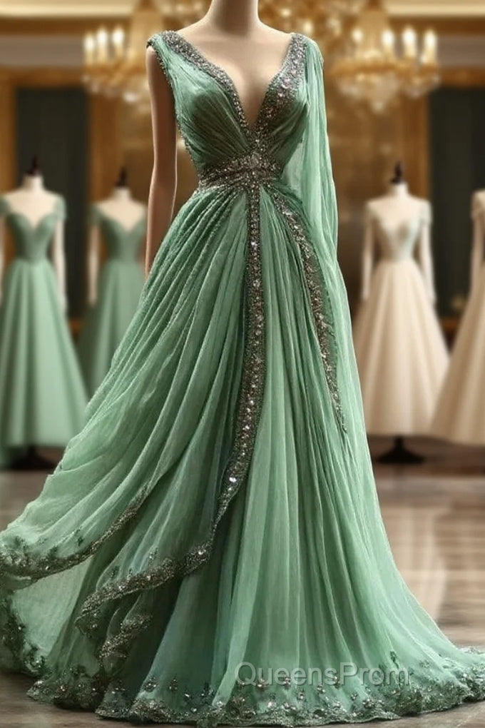 Aesthetic A-Line V Neckline Green Tulle Long Evening Prom Dress Sweet Beaded Evening Dress Main image