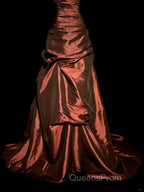 Aesthetic Ball Gown Strapless Burgundy Taffeta Evening Prom Dress Ruffle Long Party Dress