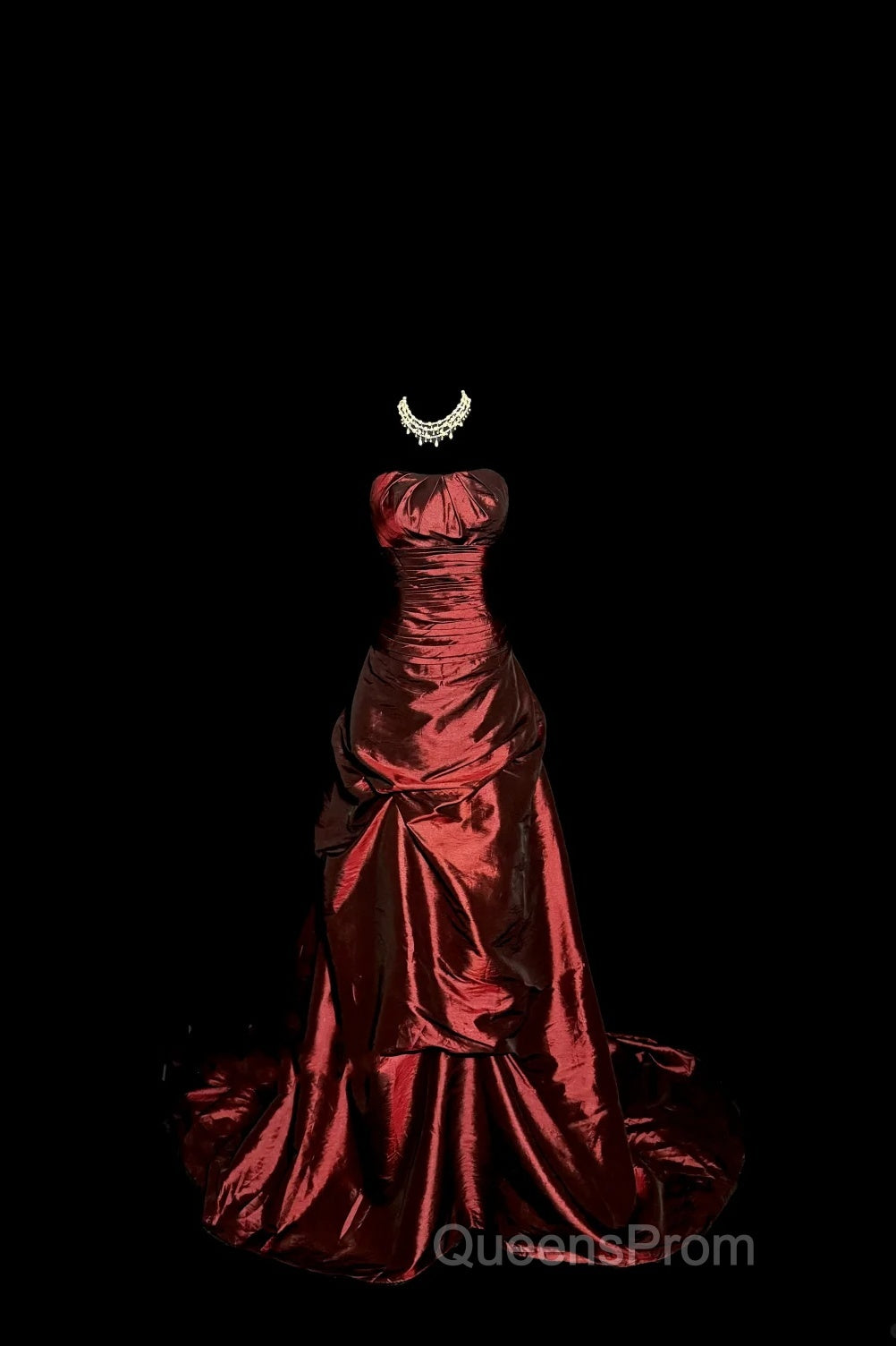 Aesthetic Ball Gown Strapless Burgundy Taffeta Evening Prom Dress Ruffle Long Party Dress
