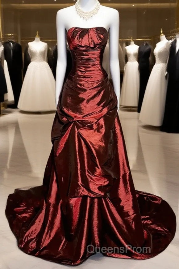 Aesthetic Ball Gown Strapless Burgundy Taffeta Evening Prom Dress Ruffle Long Party Dress Main image