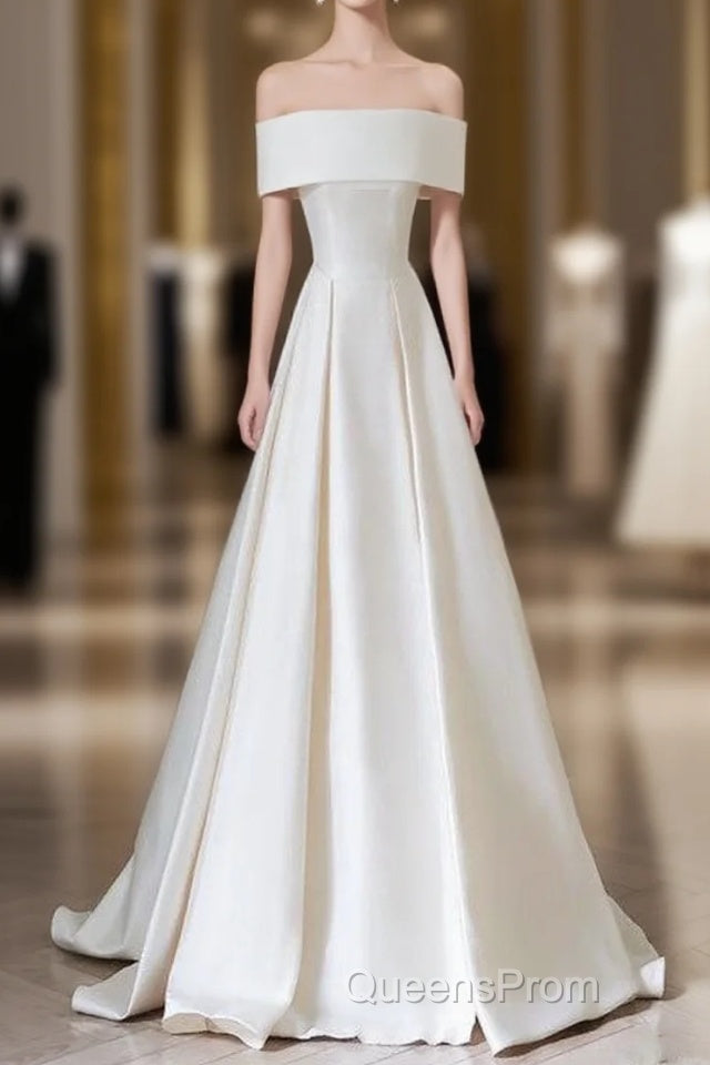 Aesthetic Ball Gown Strapless Ivory Satin Long Wedding Dress Brides Dress