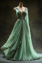 Aesthetic Ball Gown V Neckline Green Tulle Party Dress Long Evening Prom Dress Evening Dress