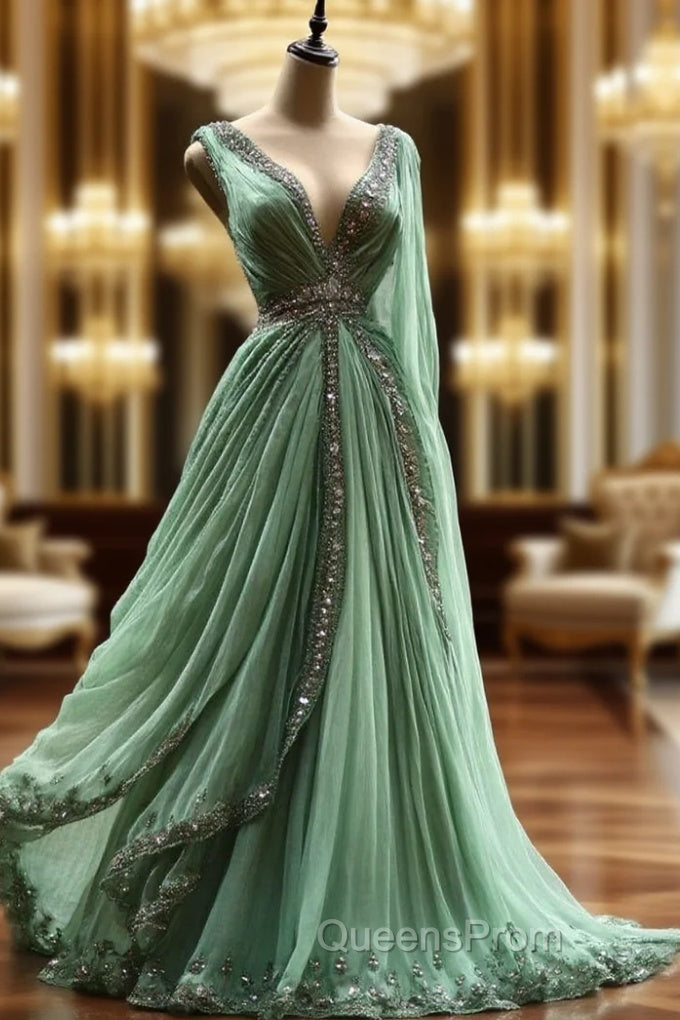 Aesthetic Ball Gown V Neckline Green Tulle Party Dress Long Evening Prom Dress Evening Dress Main image