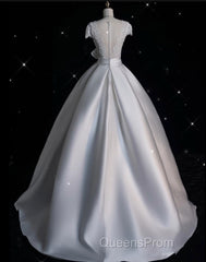 Aesthetic Ball Gown V Neckline Satin White Long Wedding Dress Brides Dress
