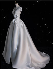 Aesthetic Ball Gown V Neckline Satin White Long Wedding Dress Brides Dress