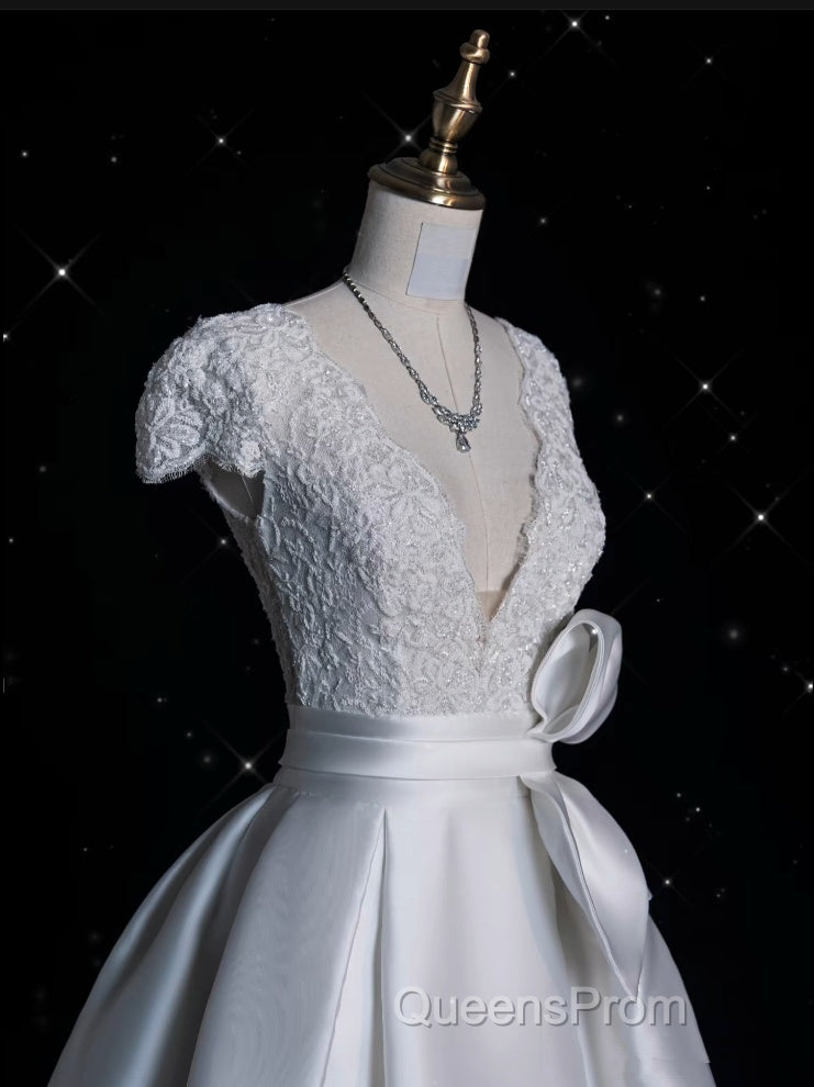 Aesthetic Ball Gown V Neckline Satin White Long Wedding Dress Brides Dress