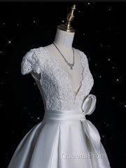 Aesthetic Ball Gown V Neckline Satin White Long Wedding Dress Brides Dress