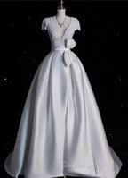Aesthetic Ball Gown V Neckline Satin White Long Wedding Dress Brides Dress
