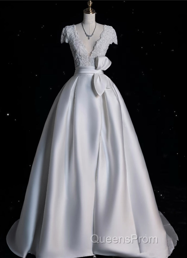 Aesthetic Ball Gown V Neckline Satin White Long Wedding Dress Brides Dress