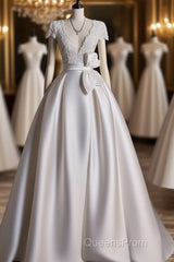 Aesthetic Ball Gown V Neckline Satin White Long Wedding Dress Brides Dress