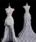 Aesthetic High Low One Shoulder Lace White Long Wedding Dress
