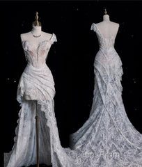 Aesthetic High Low One Shoulder Lace White Long Wedding Dress