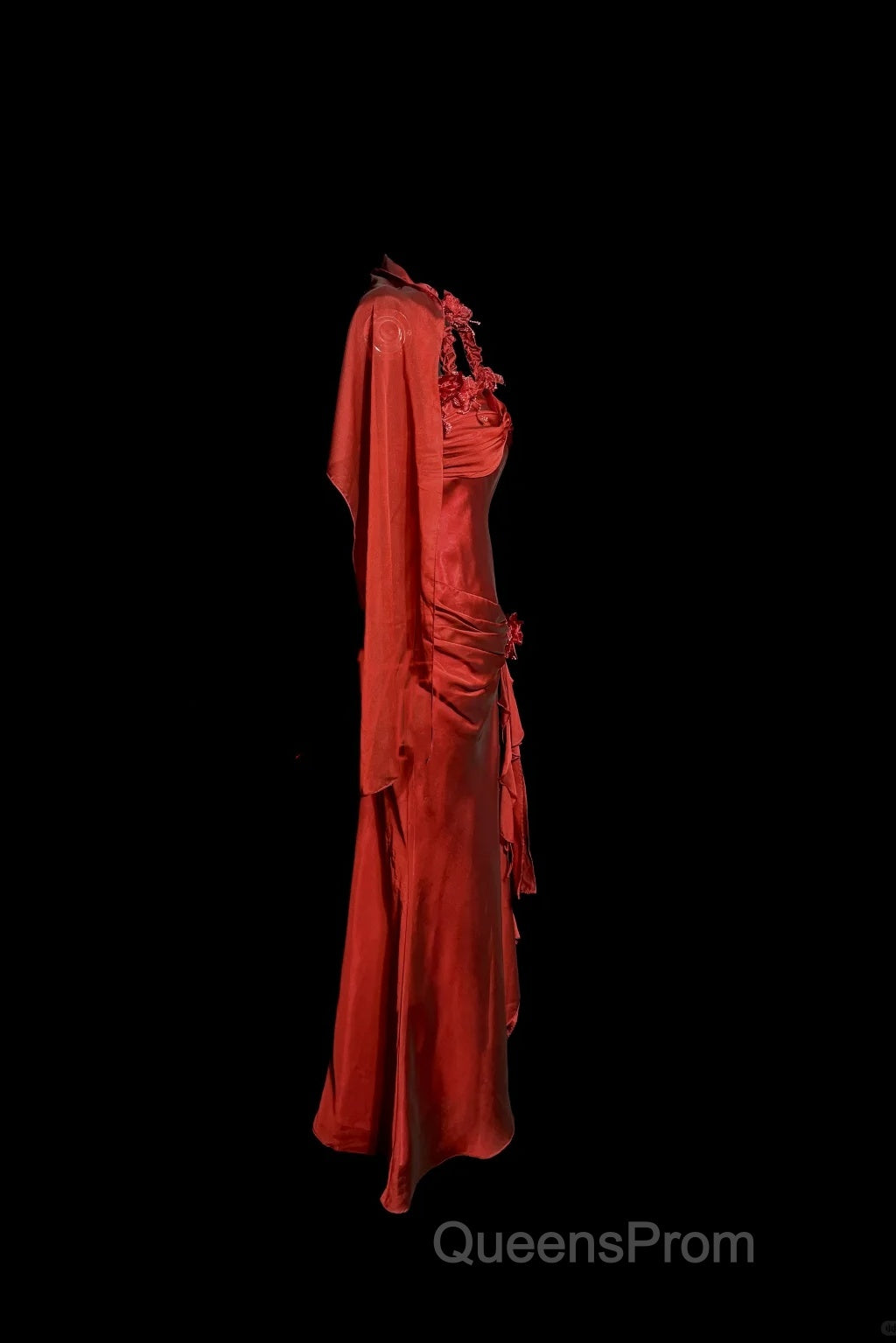 Aesthetic Mermaid Halter Neckline Red Satin Evening Prom Dress Ruffle Long Party Dress