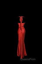 Aesthetic Mermaid Halter Neckline Red Satin Evening Prom Dress Ruffle Long Party Dress
