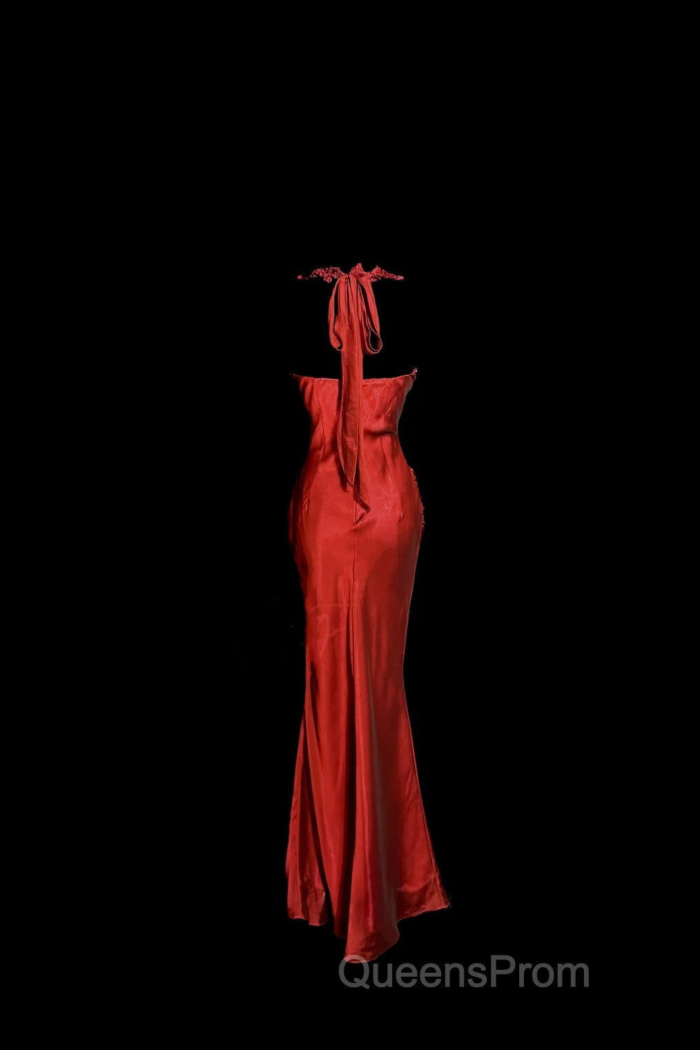Aesthetic Mermaid Halter Neckline Red Satin Evening Prom Dress Ruffle Long Party Dress