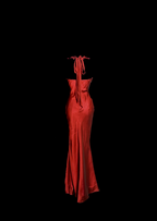 Aesthetic Mermaid Halter Neckline Red Satin Classy Prom Dress Ruffle Long Party Dress