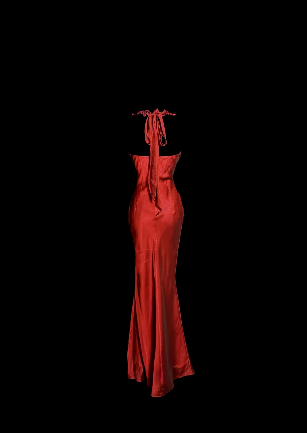 Aesthetic Mermaid Halter Neckline Red Satin Classy Prom Dress Ruffle Long Party Dress