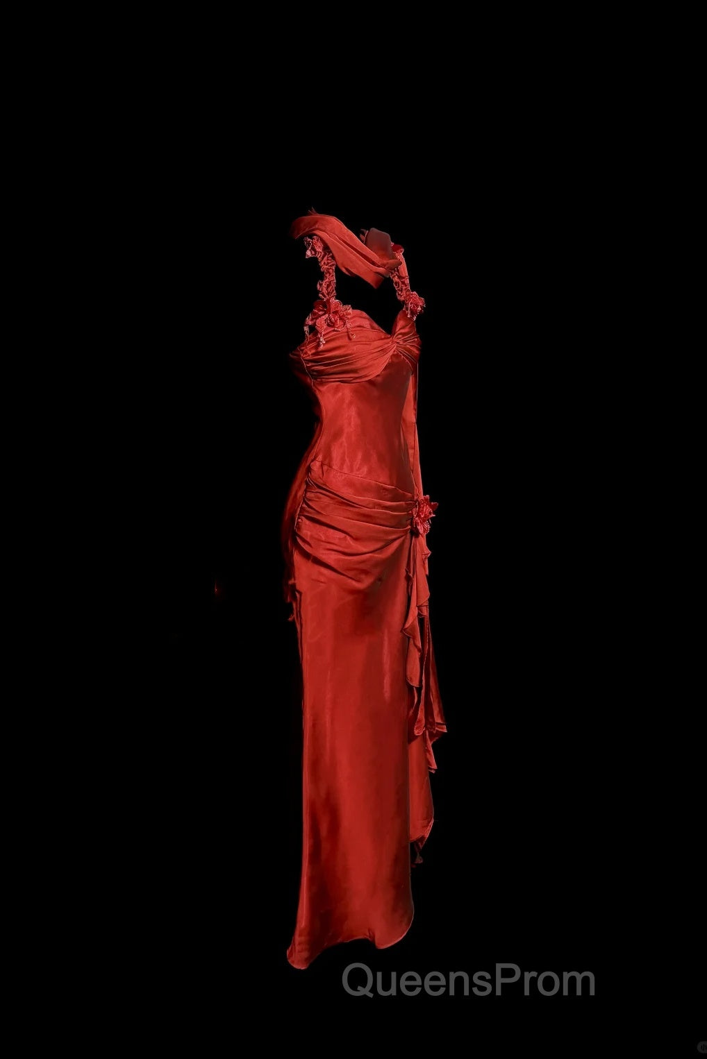 Aesthetic Mermaid Halter Neckline Red Satin Evening Prom Dress Ruffle Long Party Dress
