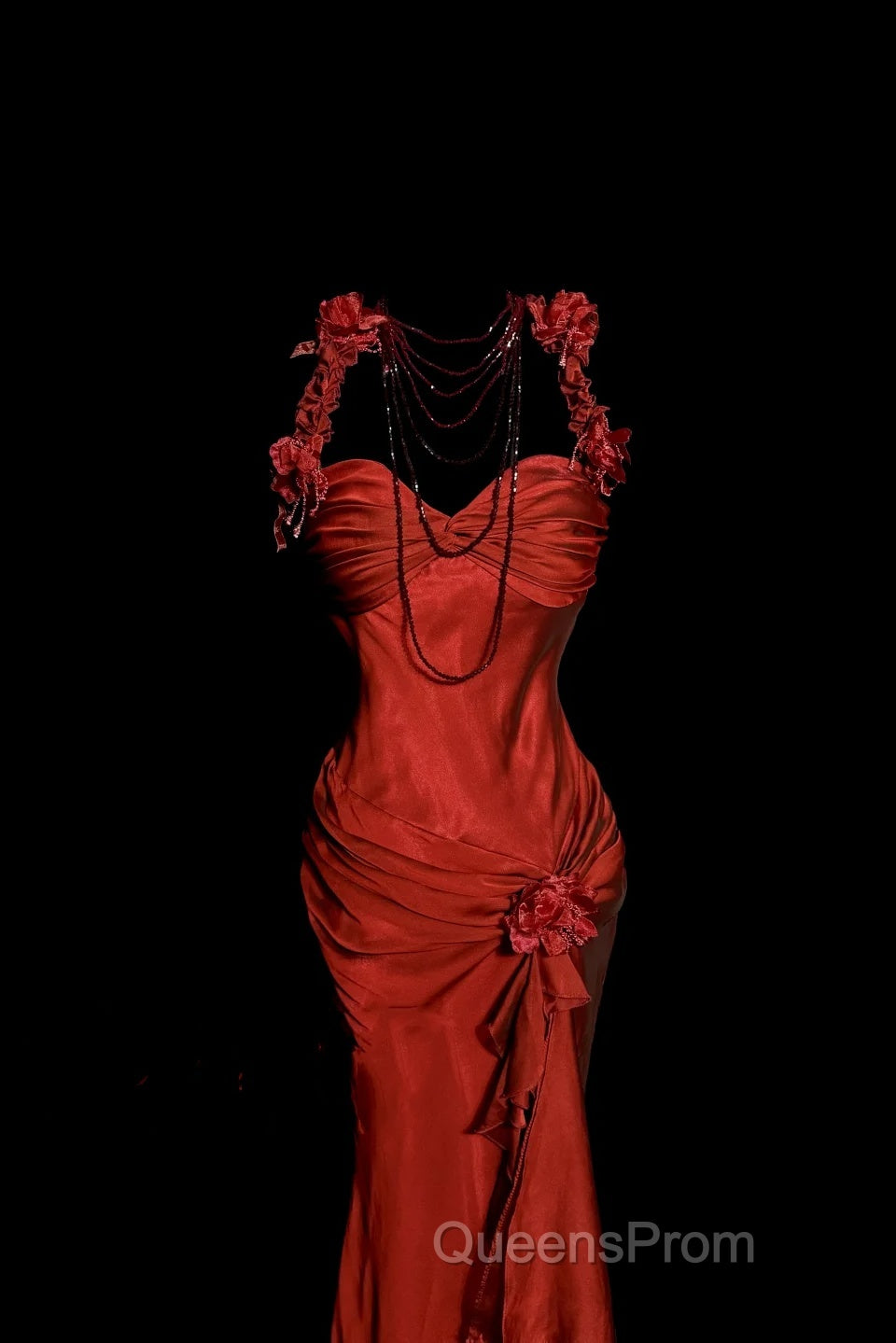 Aesthetic Mermaid Halter Neckline Red Satin Evening Prom Dress Ruffle Long Party Dress