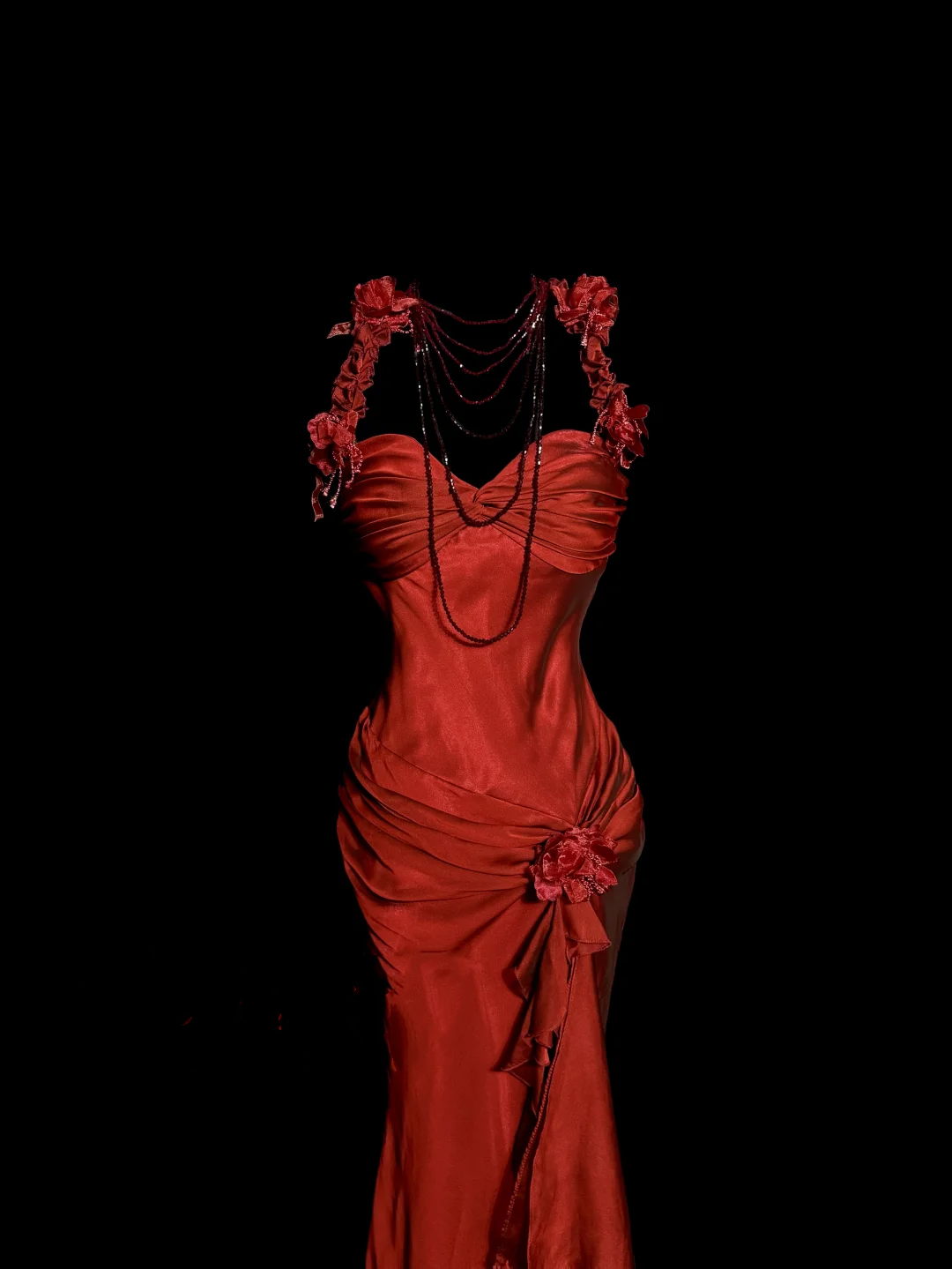 Aesthetic Mermaid Halter Neckline Red Satin Classy Prom Dress Ruffle Long Party Dress