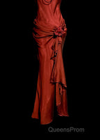Aesthetic Mermaid Halter Neckline Red Satin Evening Prom Dress Ruffle Long Party Dress