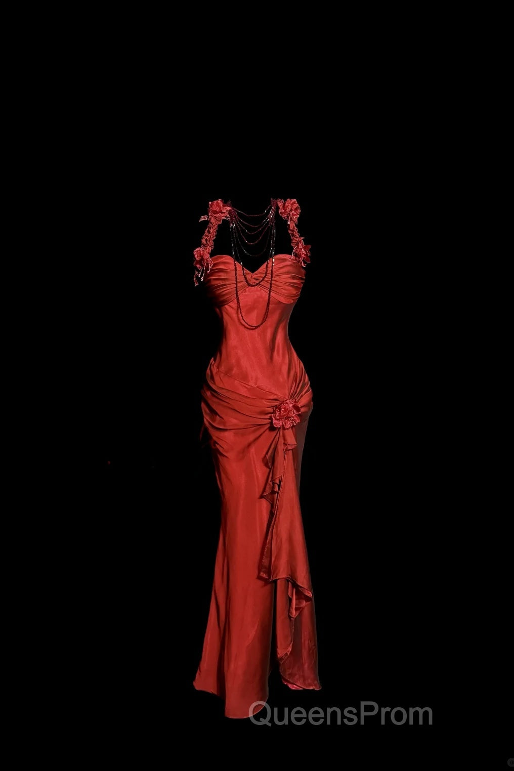 Aesthetic Mermaid Halter Neckline Red Satin Evening Prom Dress Ruffle Long Party Dress