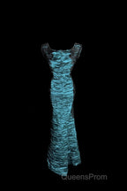 Aesthetic Mermaid Square Neckline Blue Taffeta Evening Prom Dress Ruffle Long Party Dress