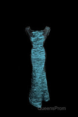 Aesthetic Mermaid Square Neckline Blue Taffeta Evening Prom Dress Ruffle Long Party Dress