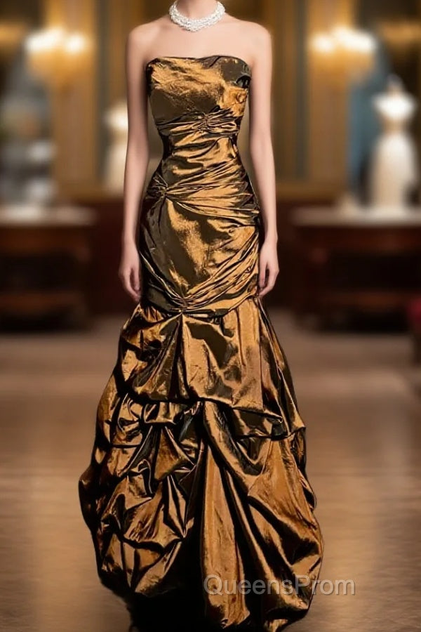 Aesthetic Mermaid Strapless Neckline Brown Taffeta Evening Prom Dress Ruffle Long Party Dress