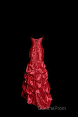Aesthetic Mermaid Strapless Neckline Red Taffeta Evening Prom Dress Ruffle Long Party Dress