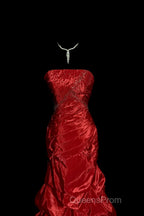 Aesthetic Mermaid Strapless Neckline Red Taffeta Evening Prom Dress Ruffle Long Party Dress