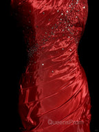 Aesthetic Mermaid Strapless Neckline Red Taffeta Evening Prom Dress Ruffle Long Party Dress
