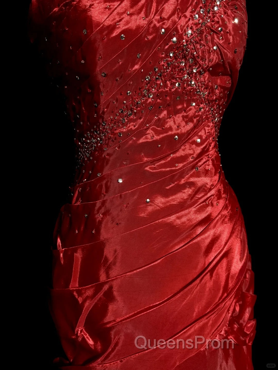 Aesthetic Mermaid Strapless Neckline Red Taffeta Evening Prom Dress Ruffle Long Party Dress