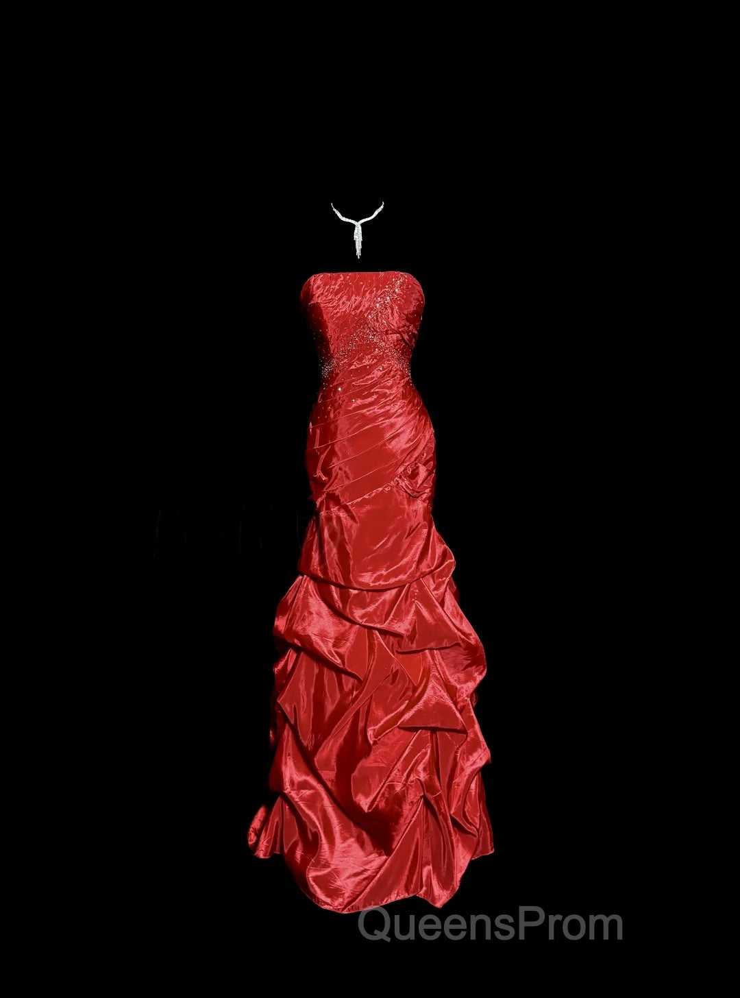 Aesthetic Mermaid Strapless Neckline Red Taffeta Evening Prom Dress Ruffle Long Party Dress