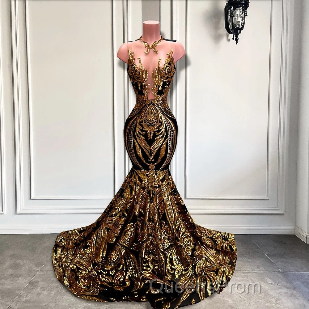 Long Sleeveless Mermaid Evening Prom Dress with Gold Sequins Secondary image