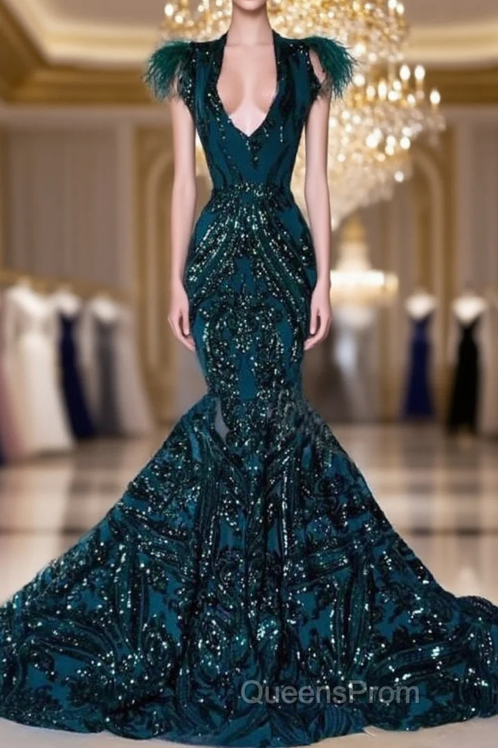 African Black Girls Court Train Feather V Neck Sexy Formal Party Gowns Evening Prom Dress Main image