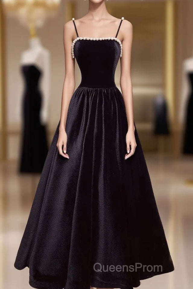 Aline Black Velvet Long Evening Prom Dress, Black Formal Graduation With Beading Main image