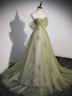 Aline Green Long Classy Prom Dress, Green Tulle Classy Prom Dress