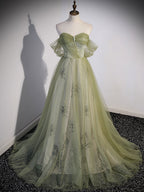 Aline Green Long Classy Prom Dress, Green Tulle Classy Prom Dress