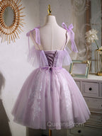 Aline Lace Short Purple Evening Prom Dress, Puffy Purple Homecoming Dress