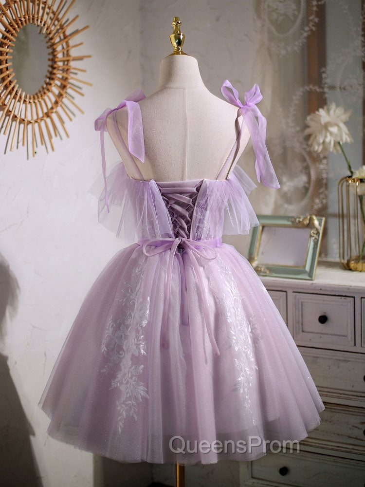 Aline Lace Short Purple Evening Prom Dress, Puffy Purple Homecoming Dress