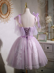 Aline Lace Short Purple Evening Prom Dress, Puffy Purple Homecoming Dress