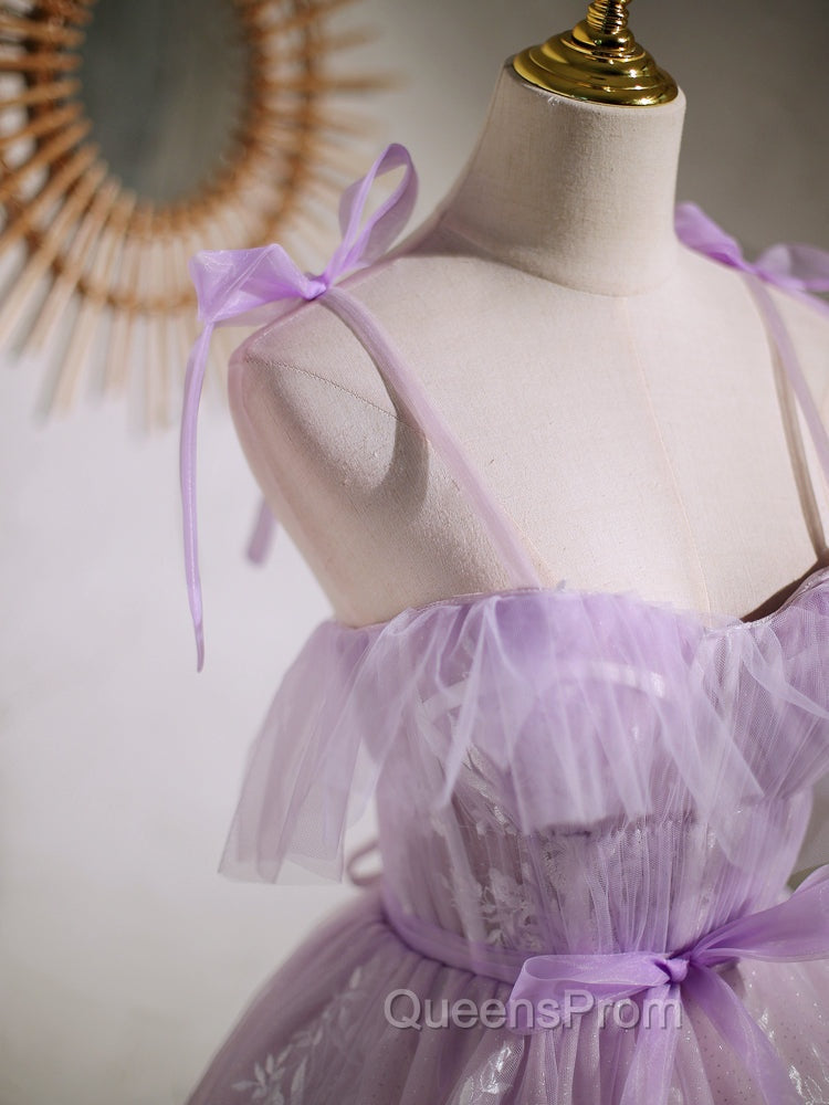Aline Lace Short Purple Evening Prom Dress, Puffy Purple Homecoming Dress