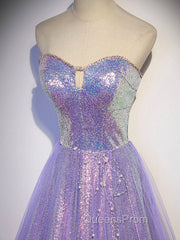 Aline Purple Sweetheart Neck Tulle Long Evening Prom Dress, Purple Evening Dress