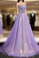Aline Purple Sweetheart Neck Tulle Long Evening Prom Dress, Purple Evening Dress