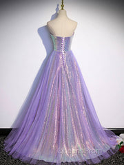 Aline Purple Sweetheart Neck Tulle Long Evening Prom Dress, Purple Evening Dress