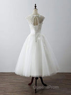 Aline Round Neck Tulle Lace Short White Evening Prom Dress, White Lace Homecoming Dress