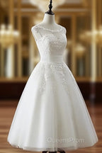 Aline Round Neck Tulle Lace Short White Evening Prom Dress, White Lace Homecoming Dress