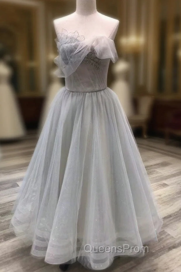 A line Tea Length Gray Evening Prom Dress, Gray Tulle Homecoming Dress Main image