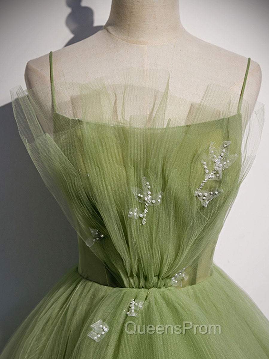 Aline Tulle Green Long Evening Prom Dress, Green Evening Graduation Dress with Beading